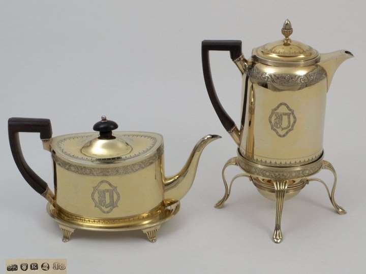 Antique Silver-Gilt George III Coffeepot on Burner and Teapot on Stand